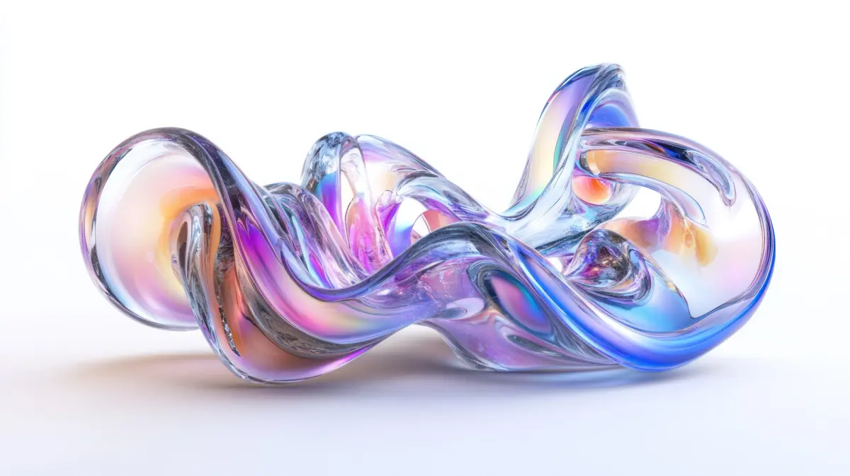 Scultura di vetro iridescente su fondo bianco